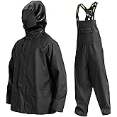 Men's Pro Workwear Heavy Duty 3-Piece Waterproof Rain Suit PU Coated - Hooded Jacket Bib Pants for Farming Construction