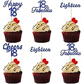 24 Pack Blue Glitter Happy 18th Birthday Cupcake Toppers 18 & Fabulous Cheers to 18 Years Old Birthday Cake Picks for Eighteen Happy 18th Anniversary Party Decorations Supplies
