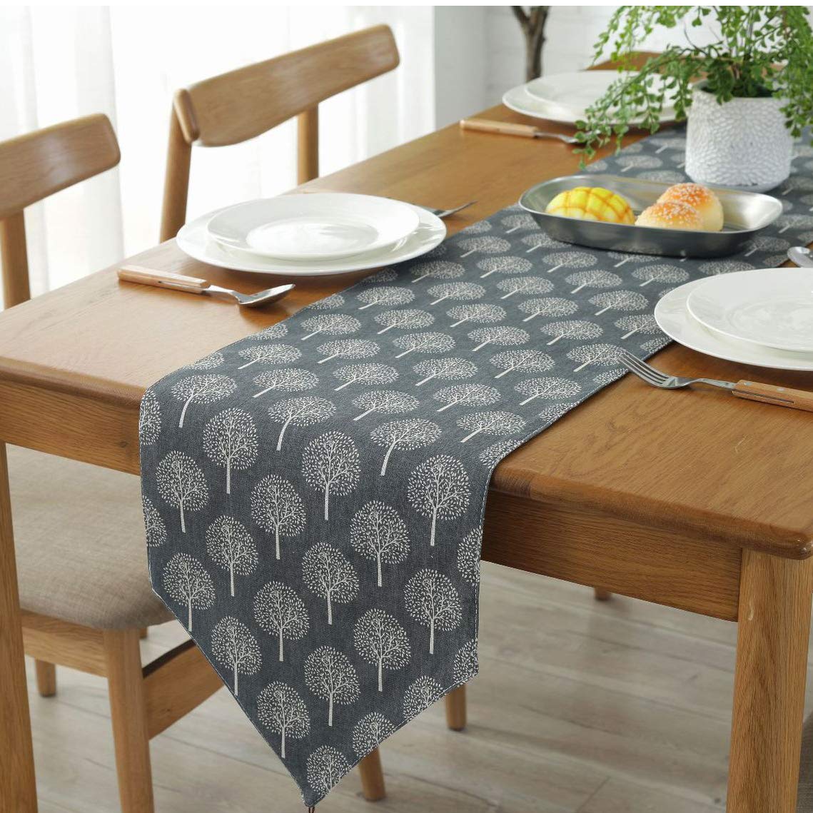 Bestenrose Table Runner Home Tablecover Decorative 2 sides Cotton Linen Classic Table Bedding Mat Dining Room Party Holiday Decoration (Grey Tree, 12" x 47“(32 * 120cm))