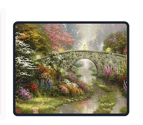 Unique Artistic Painting Bridge Stone Stream Colorful Flower Spring Printed Mousepad Stitched Edge Non-Slip Rubber Artistic P