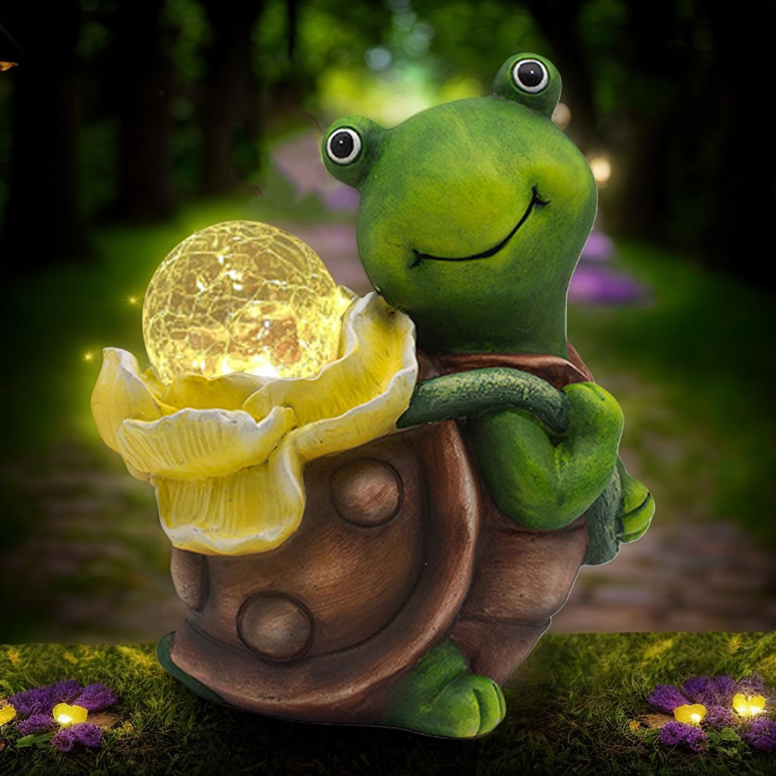 Photo 1 of Maikall Rish Solar Garden Turtle Statue with LED Light Decorative Cute Turtle Carrying Lantern Design Outdoor Lawn Ornament(Yellow Flower)