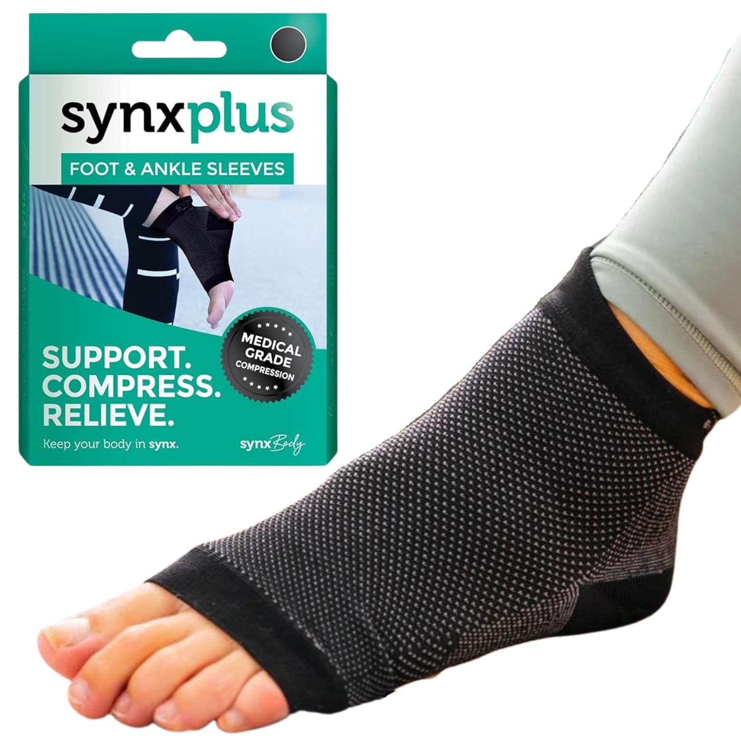 SynxBody SynxPlus Foot & Ankle Sleeve BLACK - SynxPlus Ankle Support Sleeve (Pair) Elastic Breathable Foot & Ankle Sleeve. Relieves Joint Pain for Arthritic Sufferers & Injury Recovery. (Large)