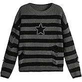 MakeMeChic Women's Winter Christmas Sweaters Grandpa Vintage Striped Oversized Long Sleeve Crew Neck Brown Knit Sweater