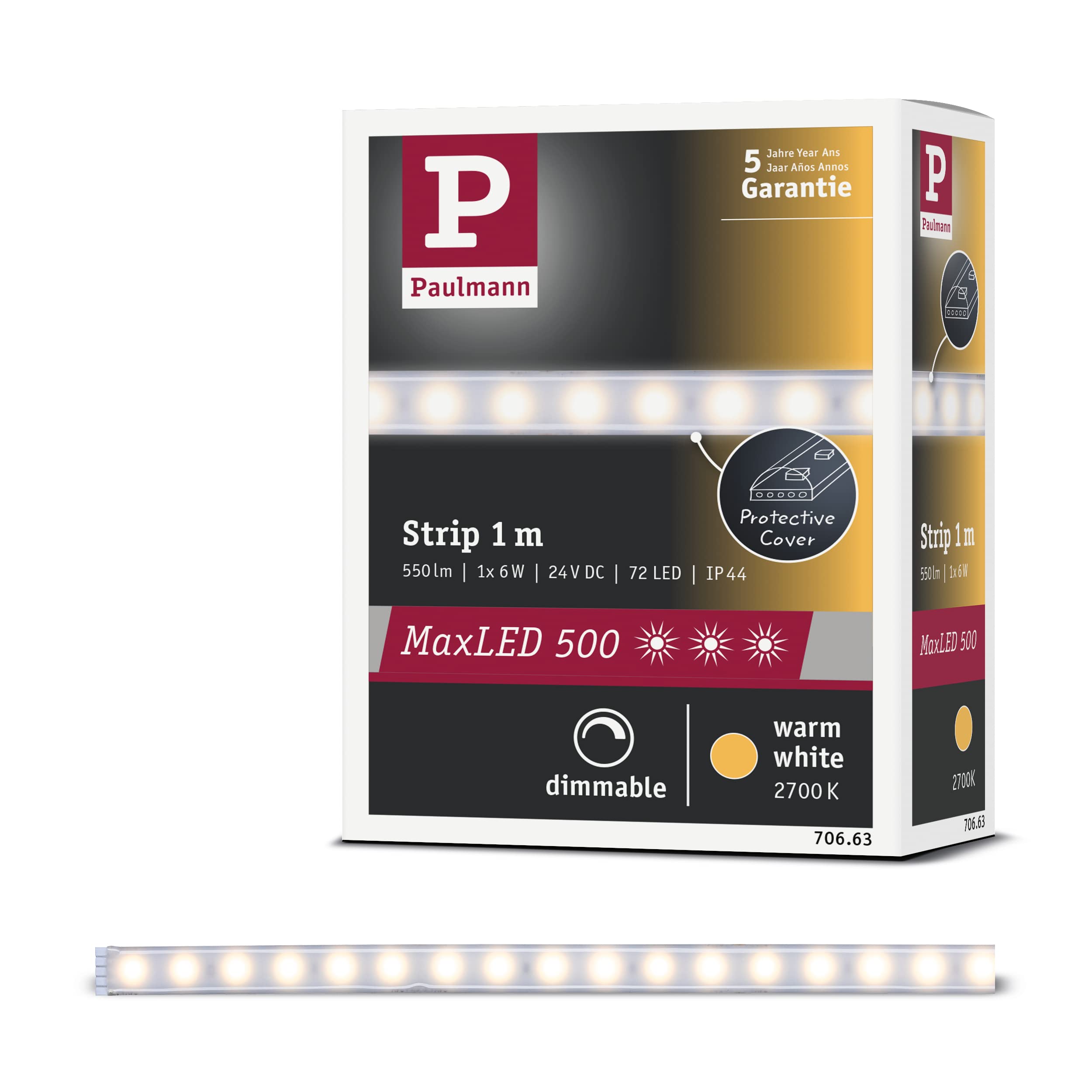 Paulmann 70663 MaxLED 500 LED Strip 1 m LED Strip 2,700 K Warm White Lighting Strip Coated Light Strip 7W 550 lm 72 LED 24 V