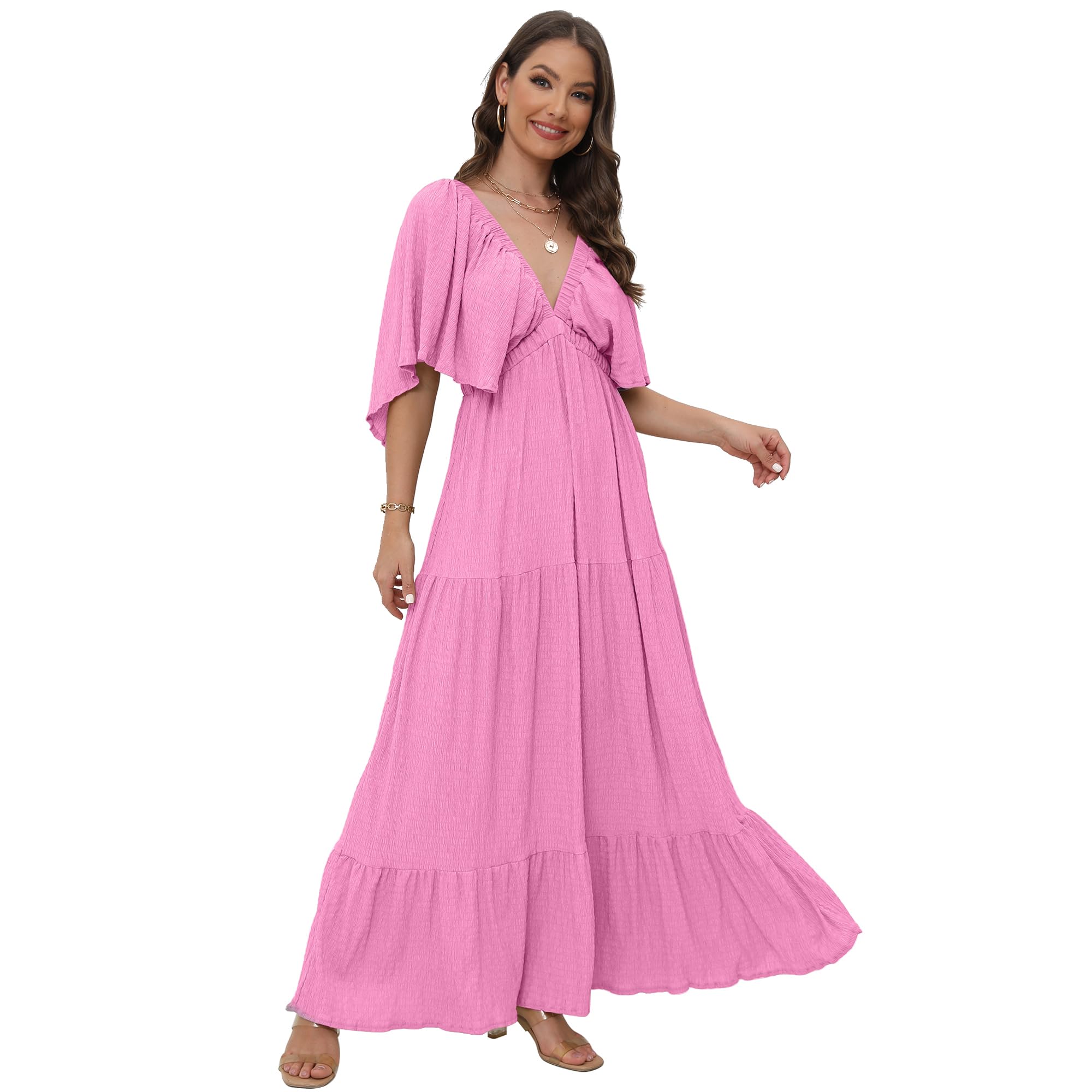 Photo 1 of Women's Summer V-Neck, Tiered Silhouette with Flutter Sleeves Maxi Dress for Casual Pink