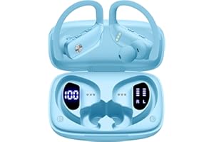 bmani Wireless Earbuds Bluetooth Headphones 48hrs Play Back Sport Earphones with LED Display Over-Ear Buds with Earhooks Built-in Mic Headset for Workout Sky Blue
