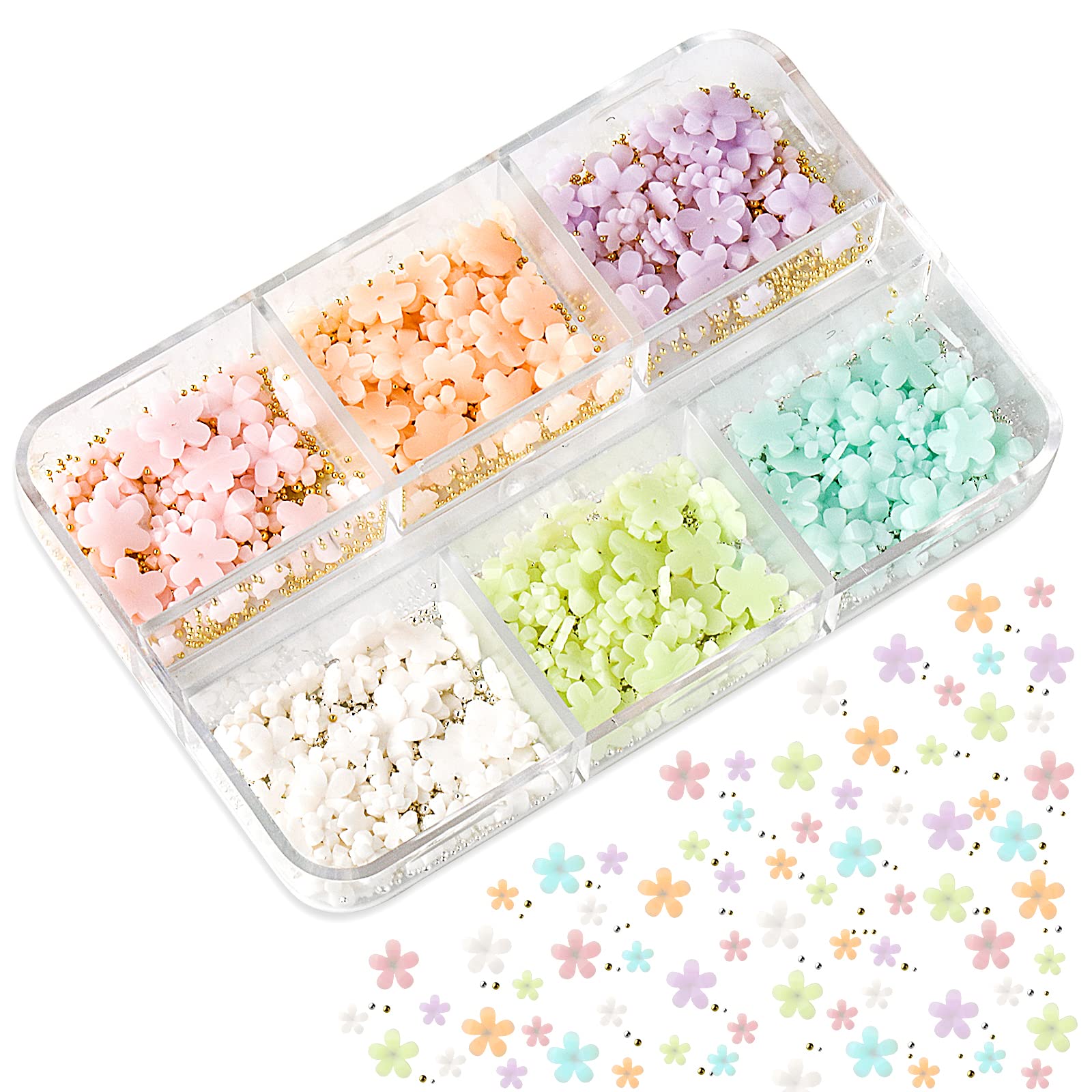 KINBOM 1000pcs Colorful 3D Nail Flowers with Beads, 3D Acrylic Flower Nail Art Charms Silver Gold Nail Beads Flat Back Nails Decoration Accessories for DIY Nail Design Jewelry Making (6 Colors)