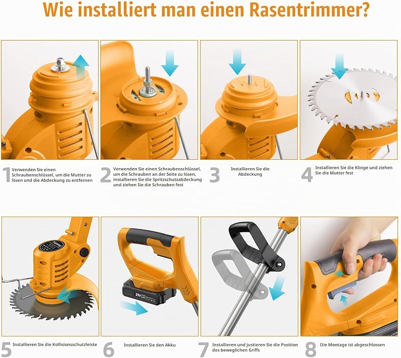 Rasentrimmer mit Akku 21 V, Freischneider mit 2 Akkus à 2,0 Ah