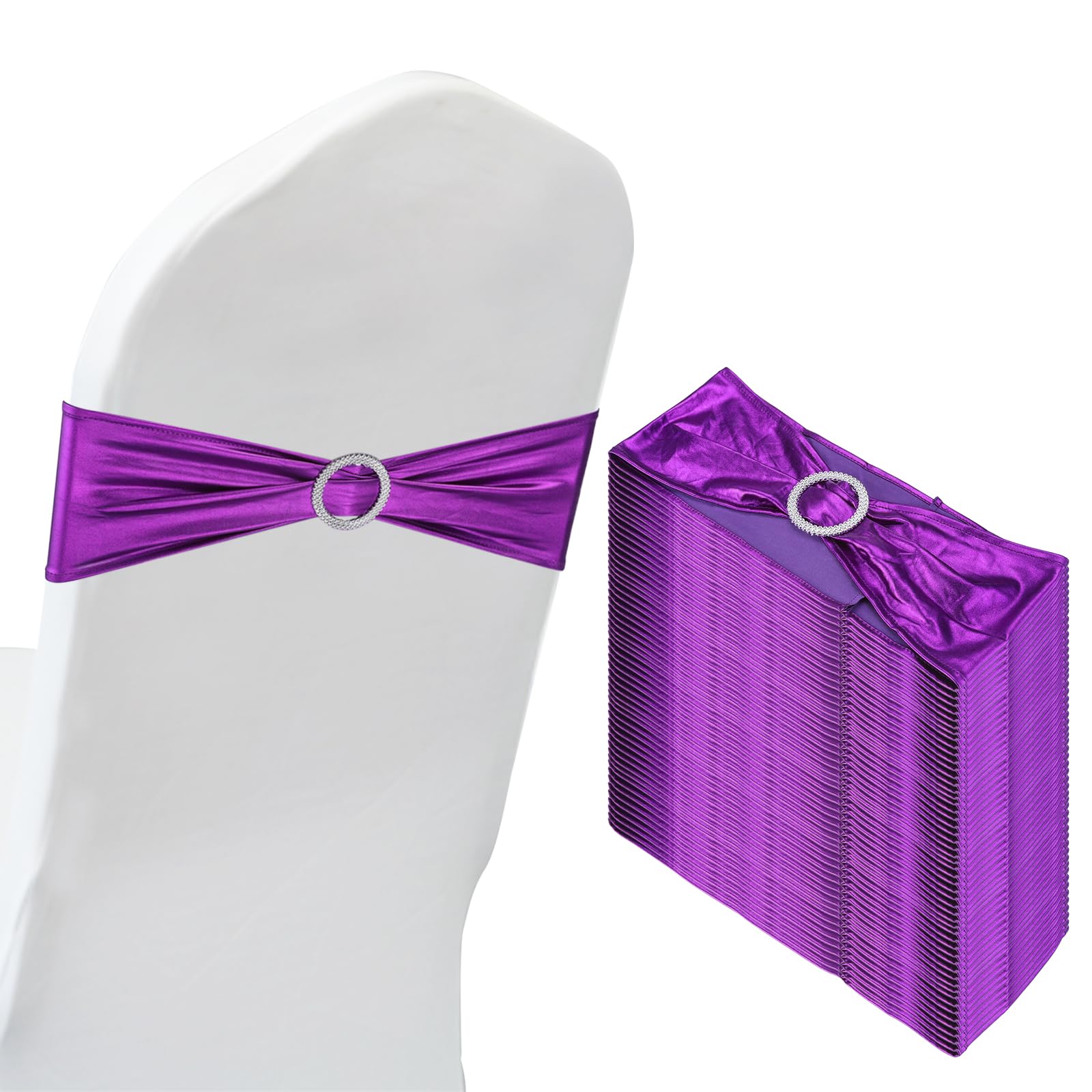 PATIKIL 14"x5" Stretch Chair Sashes Bows, 50 Pack Elastic Chair Bands Sashes with Buckle Slider for Wedding Banquet Decorations, Purple