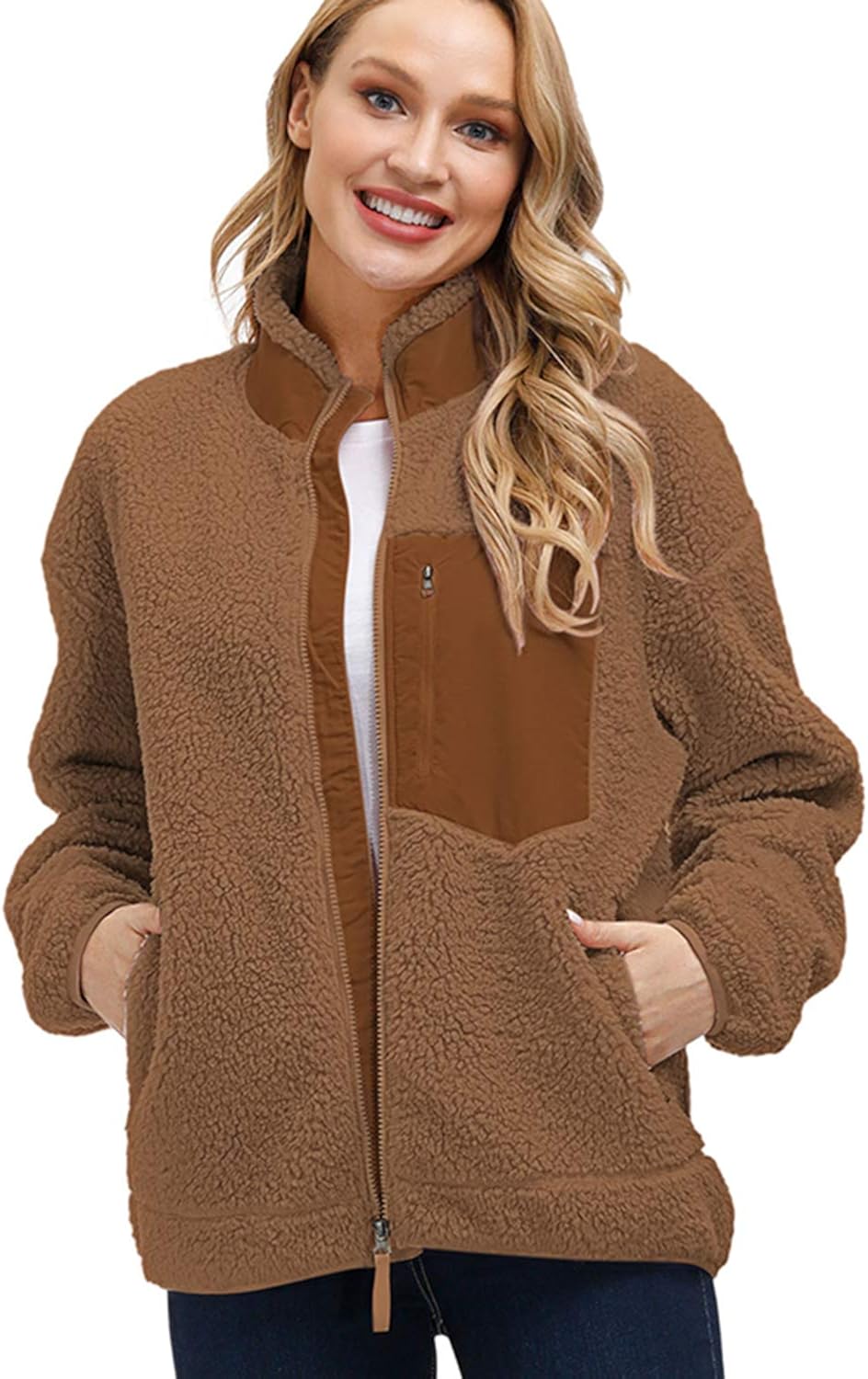 Kisscynest Women's Full Zip Fleece Jacket Stand Collar Fuzzy Fluffy Warm Winter Sherpa Coat: Clothing