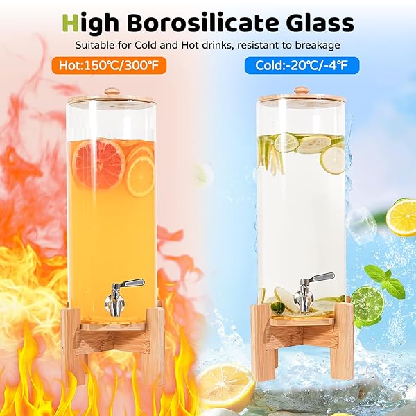 SPEETH 2 PCS 1.6 GALLON DRINK DISPENSER, LARGE WATER GLASS BEVERAGE DISPENSER WITH WOOD STAND FOR PARTIES WITH STAINLESS STEEL SPIGOT, IDEAL FOR LEMONADE,JUICE, TEA, AND PARTY DRINKS