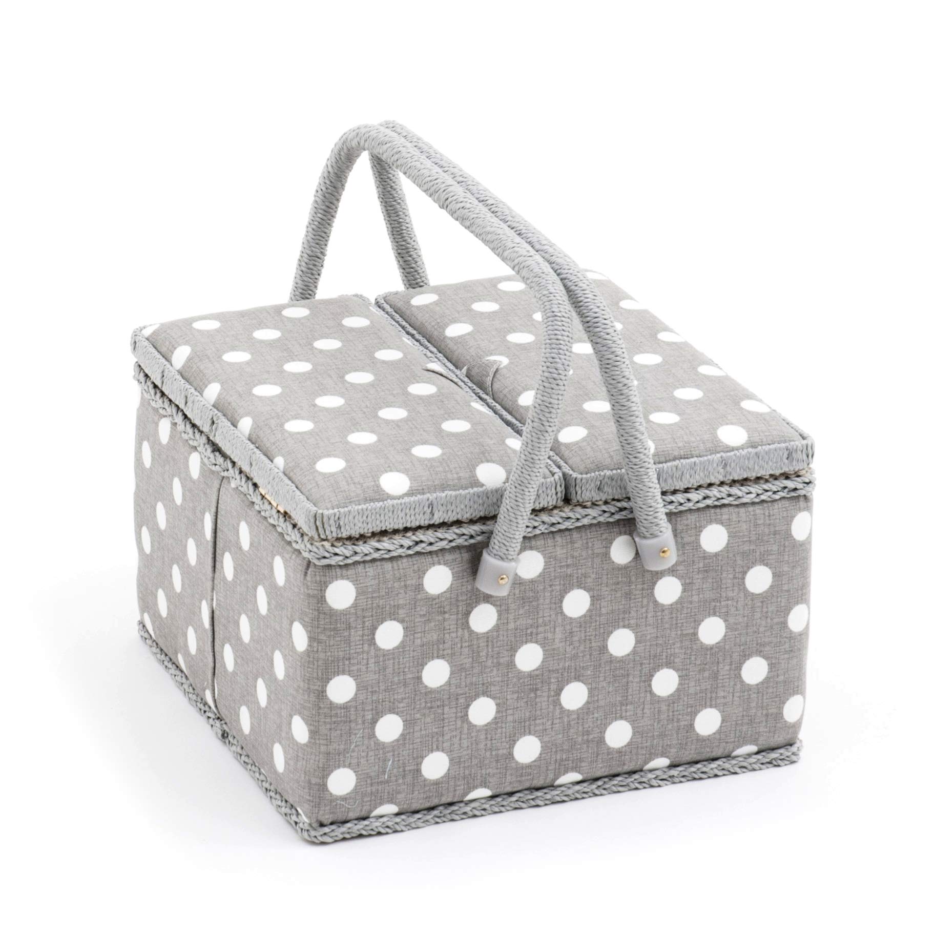 Hobby Gift Large Sewing Box Organiser Twin Lid with Handle - Cotton Basket Sewing Storage Box, Craft Storage Boxes with Compartments for Tools & Accessories - 25 x 25 x 17cm, Grey Polka Dot