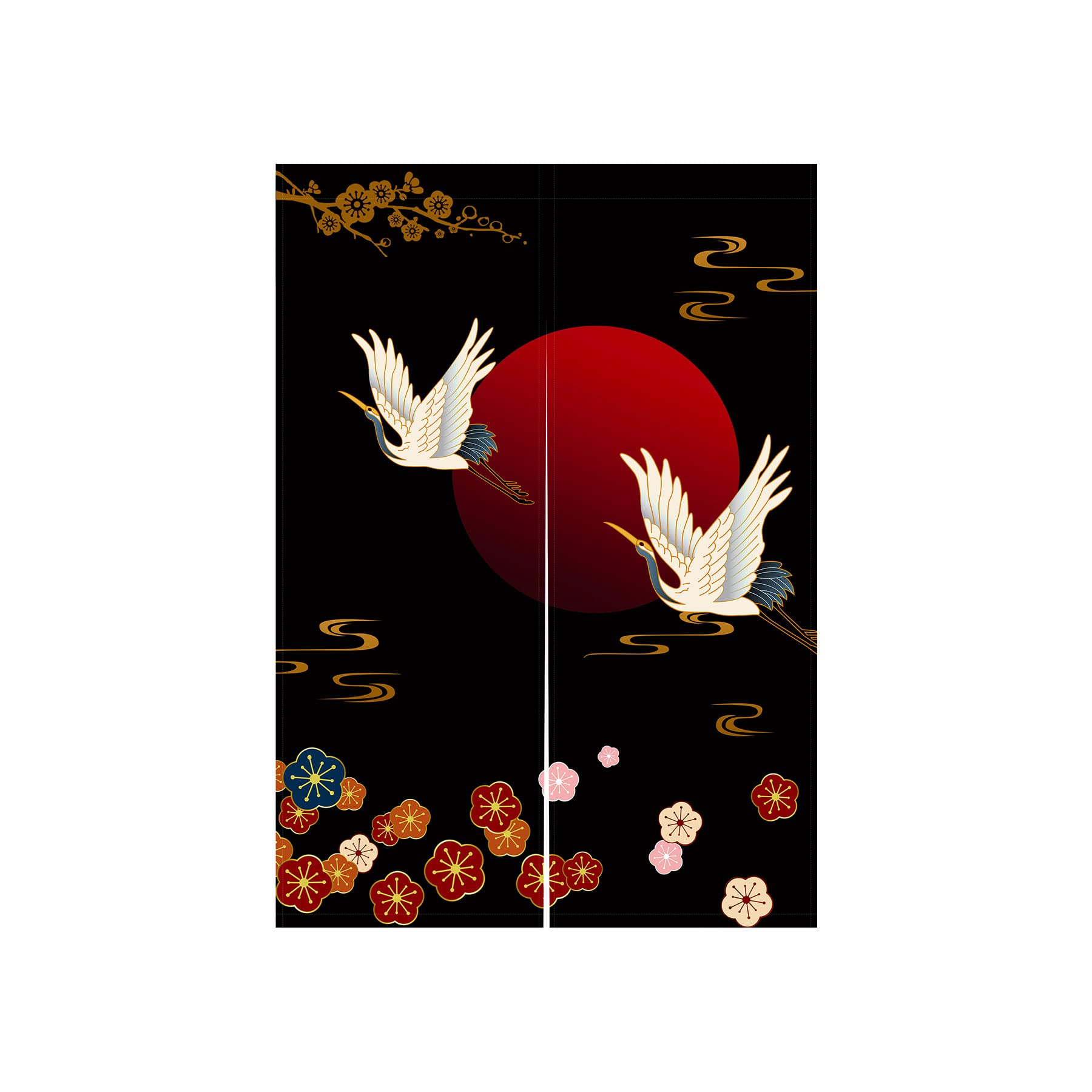 LIGICKY Noren Doorway Curtain Japanese Style Thicken White Cranes Red Sun Gold Colourful Cherry Blossom Printed Window Treatment Door Tapestry for Home Decoration 85 x 120 cm