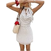 MakeMeChic Women's Polka Dots Halter Mini Dress Tie Backless Ruched Straight Hem Short Dresses