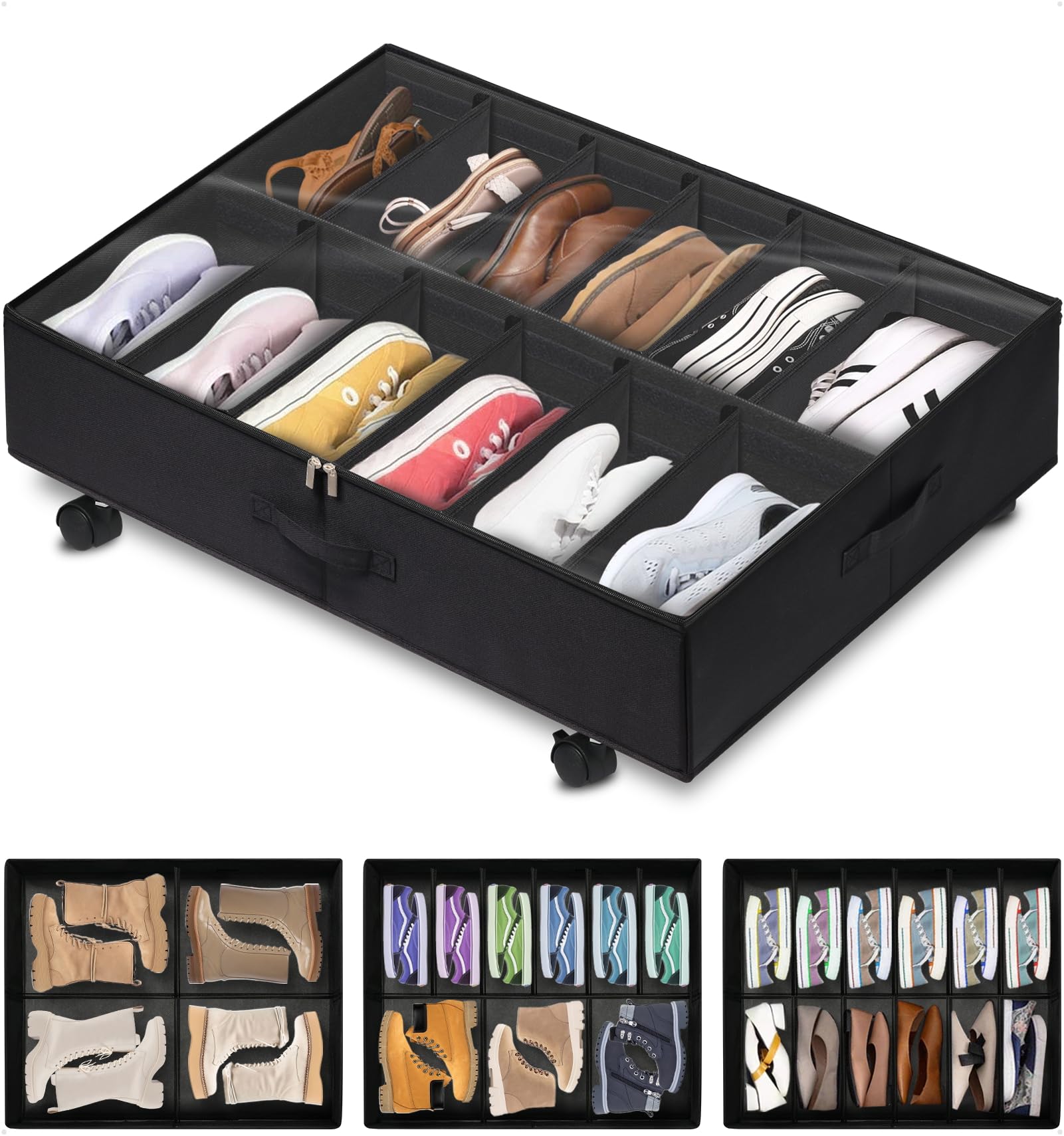 Photo 1 of punemi Under Bed Shoe Storage Organizer With Wheel & Adjustable Dividers, Underbed Shoes Boot Closet Storage Solution Containers - Side & Bottom Support & 3 Handles, Up To 12 Shoes, 29.5"X23.6"X7.9"