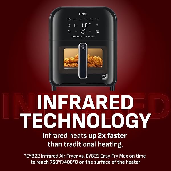 T-FAL INFRARED AIR FRYER, PREMIUM UNDERHEAT TECHNOLOGY, 5 LITER, NO PREHEAT, VISIBLE WINDOW, 7 COOKING PROGRAMS, EXTRA CRISP, FASTER, JUICIER, EY8158U0