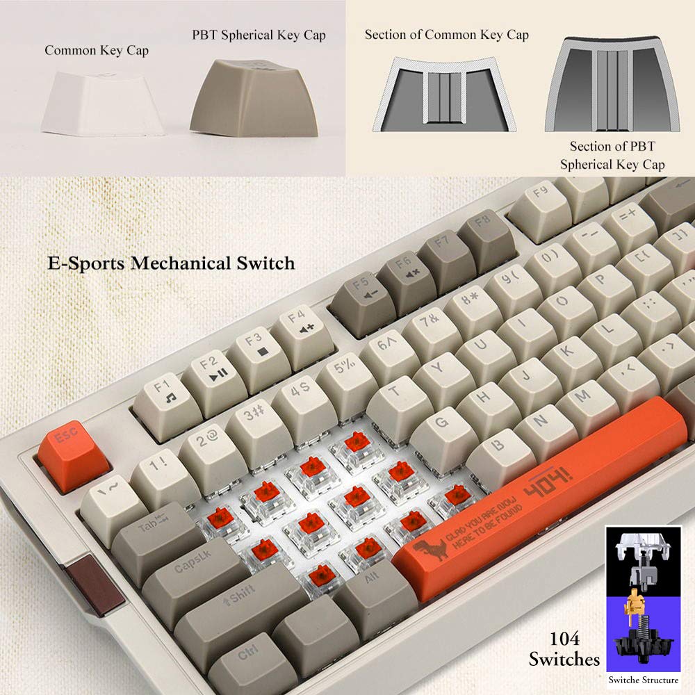 NACODEX F11 Retro Mechanical Keyboard 104 Keys Anti-Ghosting - PBT SA Spherical Keycap - Cherry MX Red Switches - Programmable Macro White Backlit PC Wired Keyboard for Office Gaming (Black)