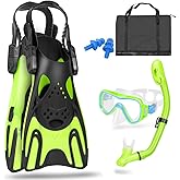 Snorkeling Gear for Kids, Mask Fins Snorkel Set for Kid Panoramic View Diving Mask Anti-Fog Anti-Leak Dry Top Snorkel and Dive Flippers with Travel Bag Snorkeling Packages for Kid