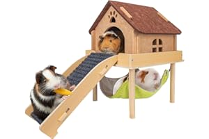 BESNEW 3 in 1 Enlarged Guinea Pig Hammock,Wooden Guinea Pig Hideout with House & Platform & Stairs Small Animal Toys for Hiding Sleeping Activities