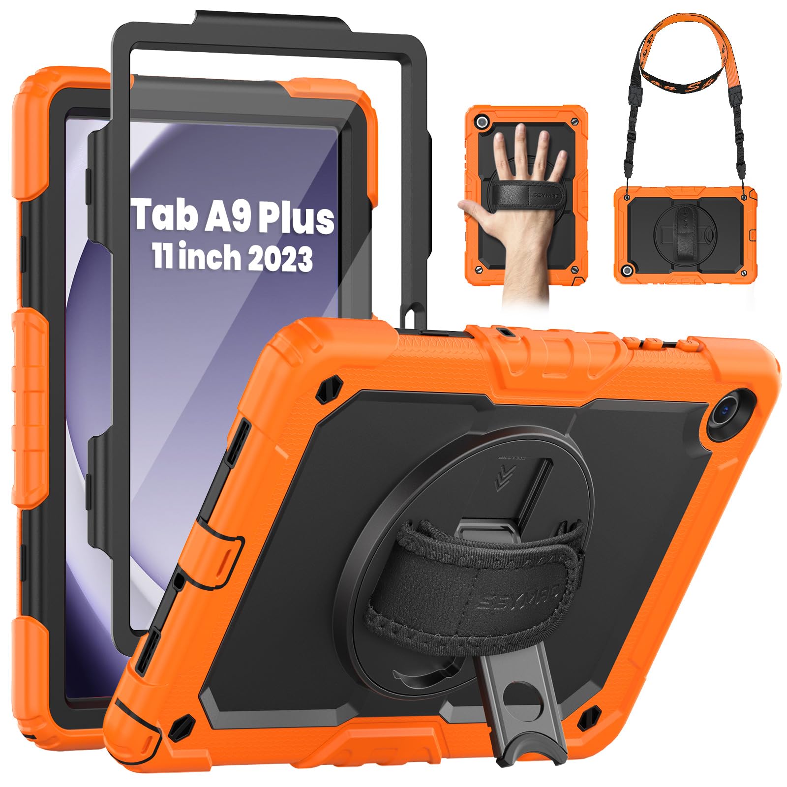 Photo 1 of SEYMAC for Samsung Galaxy Tab A9+/ A9 Plus Case 11" 2023 (SM-X210/X216/X218), Heavy Duty Shockproof Protective Case with Screen Protector, Rotating Stand, Hand/Shoulder Strap, Orange