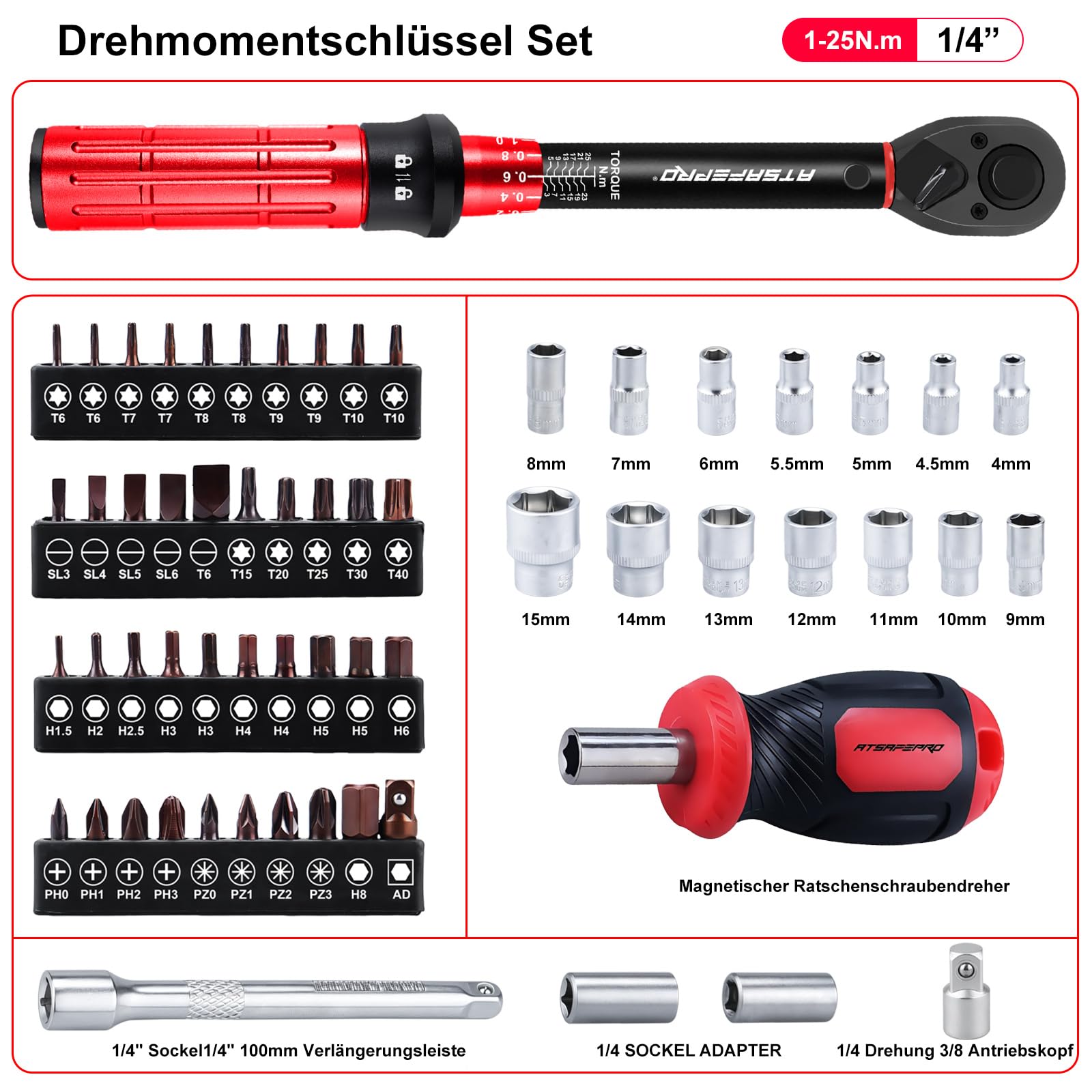 ATsafepro Drehmomentschlüssel fahrrad 1/4",61-teiliger Drehmomentschlüssel Klein 3-25Nm,Magnetischer Ratschen-Satz mit Bits + Verlängerung,Für Fahrrad, Motorrad & DIY 2
