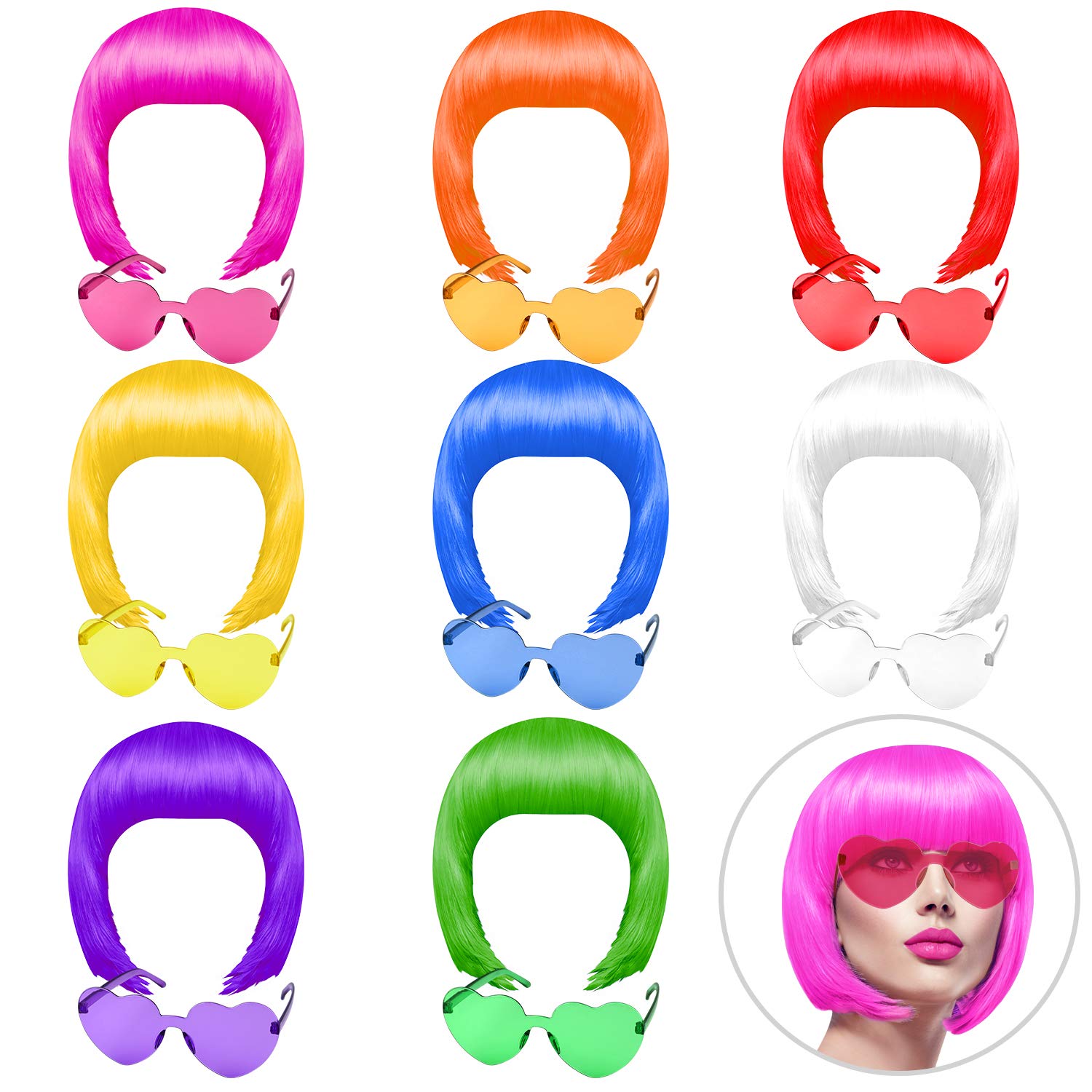 KUUQA 16 Pieces Party Wigs and Sunglass Set, Neon Wig Sunglass Pack Cosplay Wig Daily Party Hairpieces for Bachelorette Neon Party Favors, Halloween and Decorations