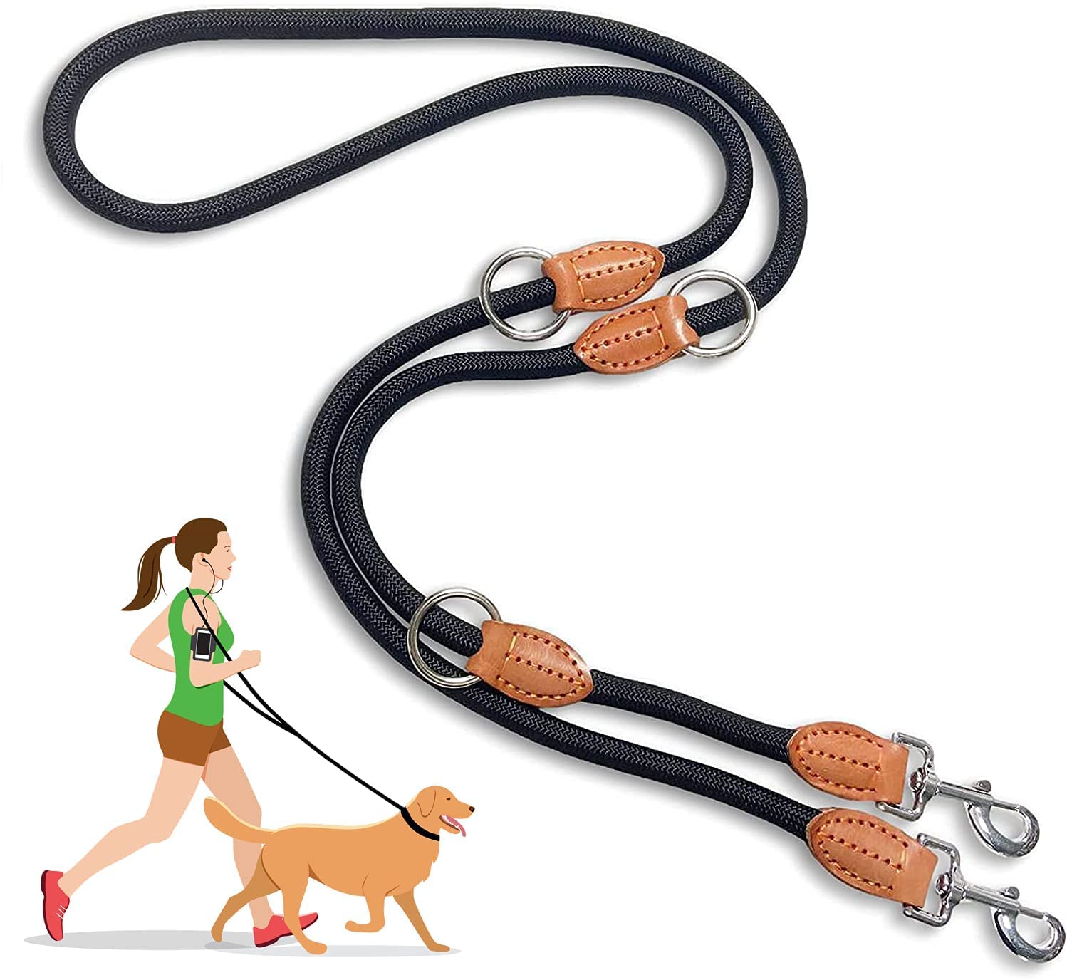 Heydoggy Multi-Function Hands Free Dog Lead (7ft) - Strong Training Leads, 1.4cm Thick Nylon Double (3 Adjustable Lengths) Walking Running Long Rope Leash for Small Medium Large Dogs Black, 1/2''