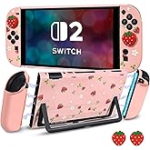 DLseego Protective Hard Case for Nintendo Switch 2 2025, Soft Grip Cover for Joy Con,Detachable JoyCon Controller shockproof & scratch-resistant Console Shell, 2 Thumb Grips, Strawberry - Pink 3