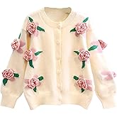 FindThy Women’s Kawaii 3D Floral Cardigan Long Sleeve Crewneck Knit Cardigan Sweaters
