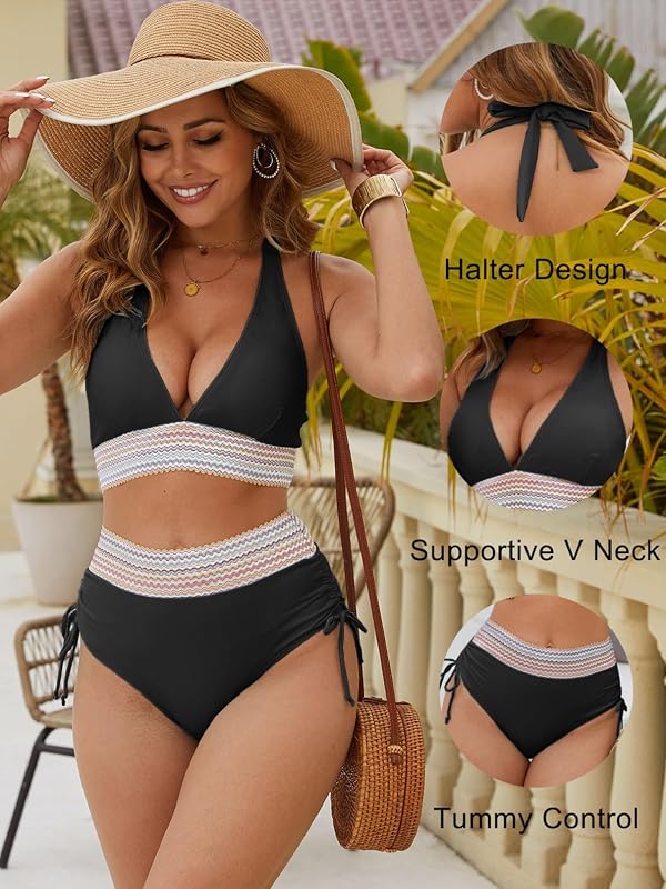 Maillot de Bain Femme 2 Pieces Col en V Bikini Set Deux Pièces Maillot de Bain Push Up Bikini Taille Haute Maillots Deux Pièces Ventre Plat Halter Bikinis Femme 2 Pieces Swimwear
