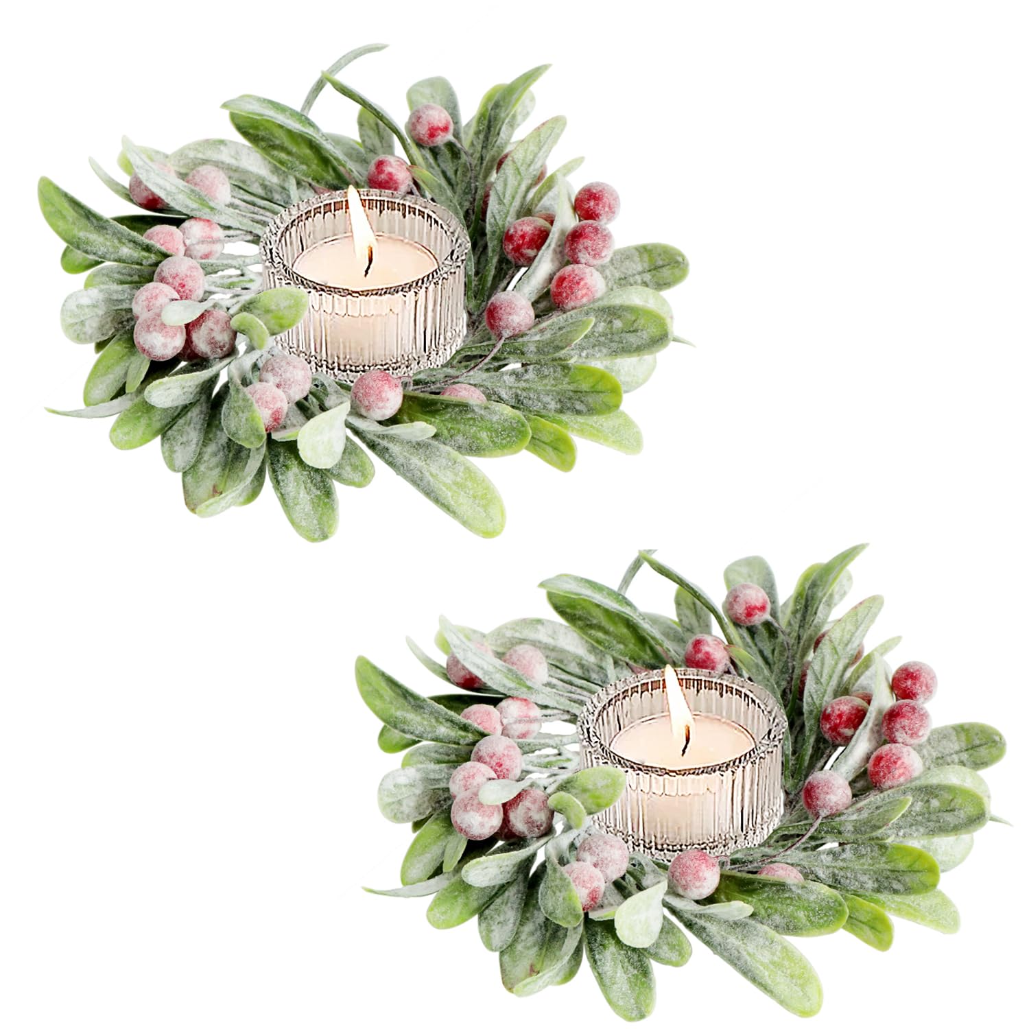 2Pcs Christmas Candle Rings Artificial Mistletoe with Berry Accents Small Wreaths for Pillars Xmas Table Decoration Centerpiece Wedding Party Home Decor (Green-Style 2)