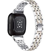 Mtozon Bling Bands Compatible with Fitbit Versa 4/Sense 2/Versa 3/Sense, Women Dressy Slim Bracelet Metal Replacement Wristbands