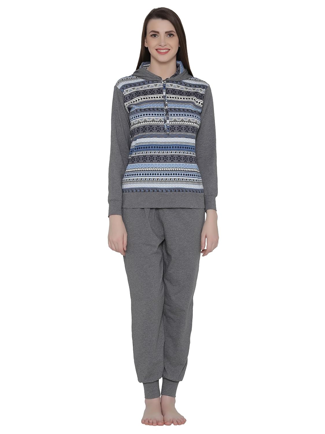 clovia women's cotton rich hooded printed top & pyjama