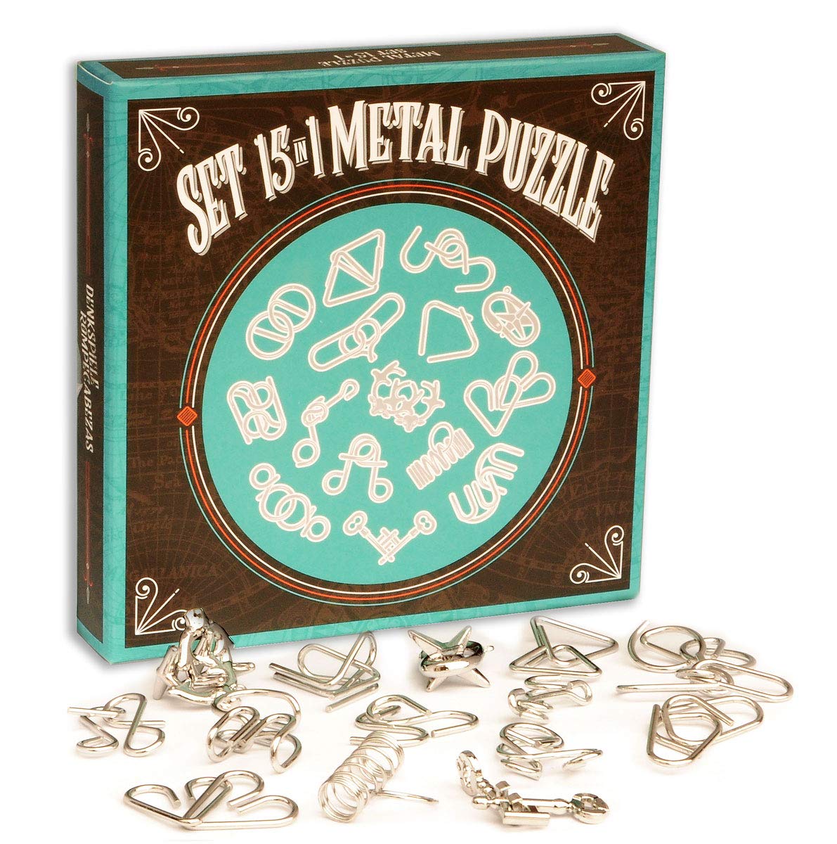 Logica Puzzles Art. Set 15 in 1 Metal Puzzles - Blue Box - Metal Puzzles Set - Wire Puzzles - All Difficulties - Travellers Collection