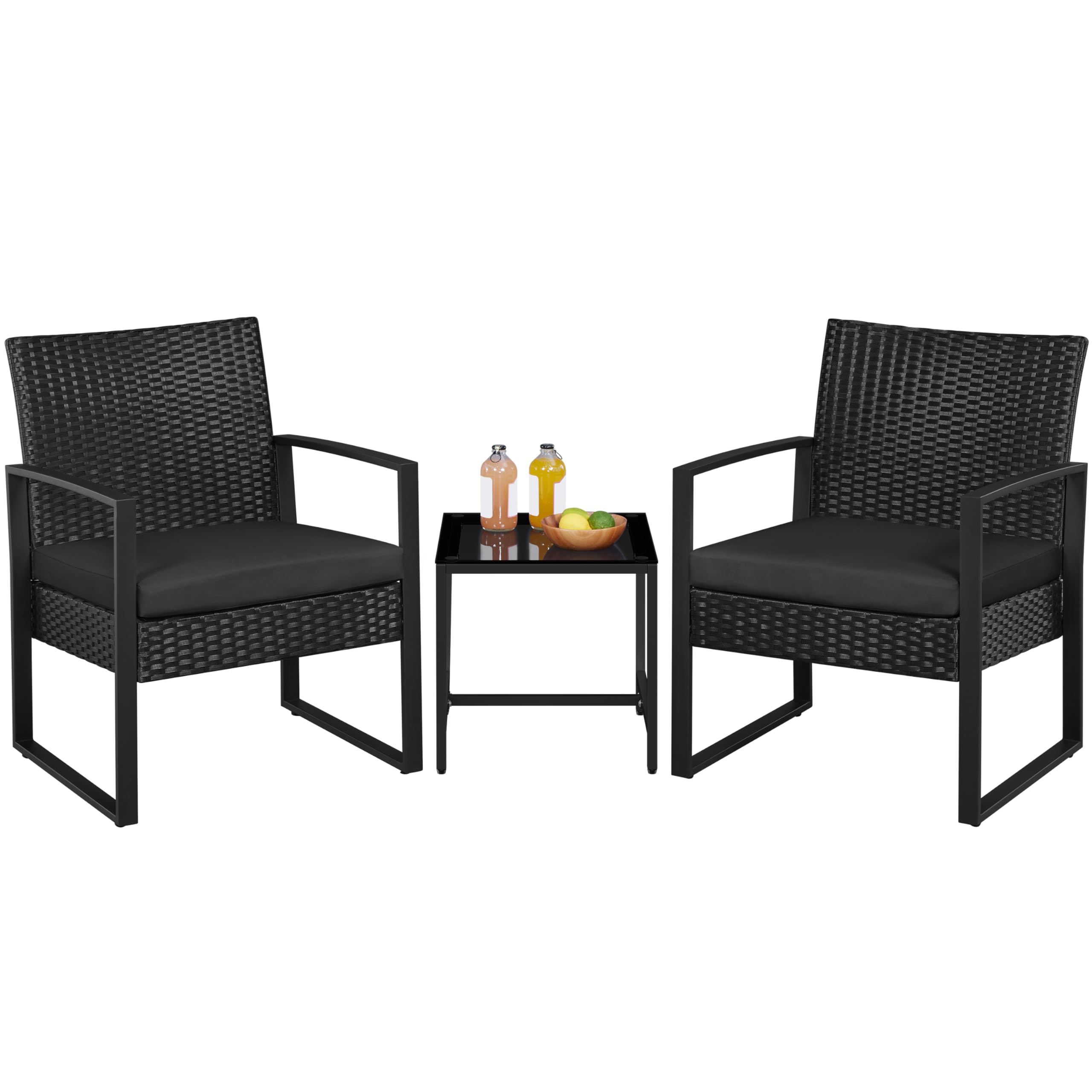 Yaheetech 3 Pieces Rattan Bistro Set, Indoor/Outdoor Wicker Patio Modern Conversation Furniture, 2 Chairs & Tempered Glass Coffee Table for Garden, Balcony, Backyard, Poolside, Black Image