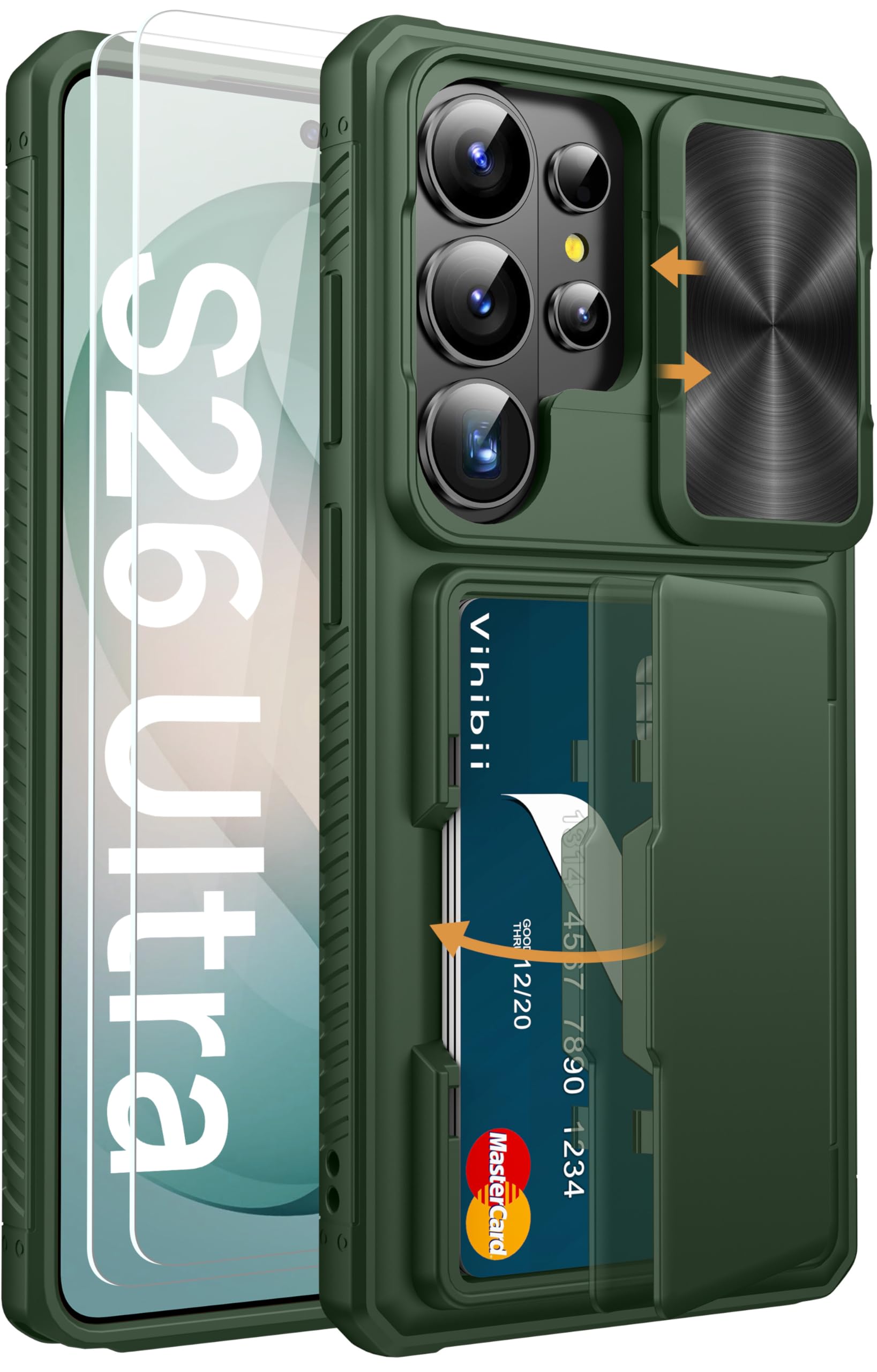 Vihibii for Samsung Galaxy S26 Ultra Case with 2X Tempered Glass Screen Protector & Card Holder (4 Cards) [RFID Blocking] & Slide Camera Cover, Heavy Duty Wallet Case for S26 Ultra 6.9", Green Image