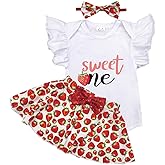 Wosixima Baby Girl 1st Birthday Outfits Infant bodysuit+Strawberry Skirt+Headband One Year Old Summer Outfits Cake Smash Gift