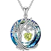 TOUPOP Tree of Life Birthstone Necklaces 925 Sterling Silver Irish Celtic Tree Pendant with Austrian Crystal Birthday Jewelry for Women Valentines Day Gifts for Her Wife Mom
