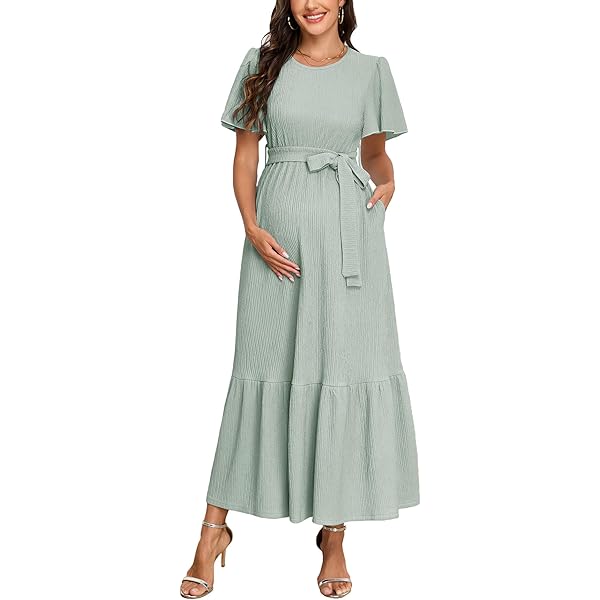 KOJOOIN Baby Shower Dress Maternity Dress for Baby Shower Women's V-Neck  Puff Sleeve Baby Shower Dress Pleated Maternity Maxi Dress for Photography  Army Green M at Amazon Women's Clothing store