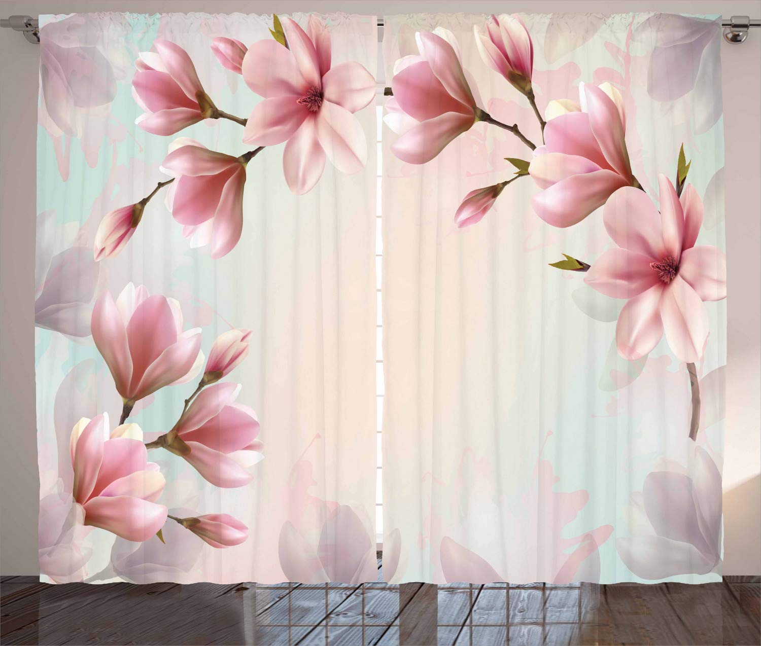 ABAKUHAUS Magnolia Curtains, Double Exposure Effect Fragile Pink Petals and Sprouting Branches, Living Room Bedroom Window Drapes 2 Panel Set, 280 x 175 cm, Dark Coral