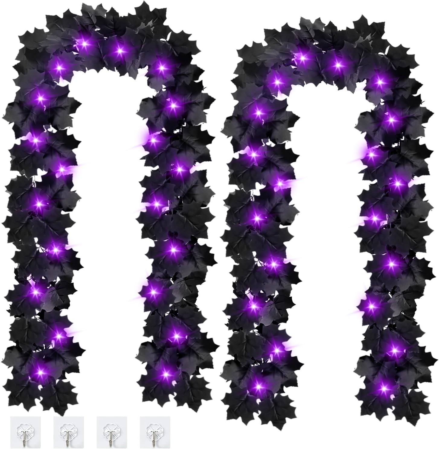 Wreaths, Garlands & Swags - 2 Pcs LED Halloween Garland Black Vines Garland with Lights, 5.7Ft Artificial Black Maple Leaf Vine Hanging Halloween Decorations for Home Mantle Fireplace Bedroom Indoor Outdoor