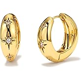 Chunky Gold Hoop Earrings for Women, 18K Gold Plated CZ Star Hoops Huggie Earrings Sterling Silver Post Statement Earrings Jewelry Thick Lightweight Trendy Hoop Earrings for Women Gifts