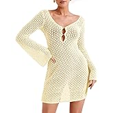 Saodimallsu Womens Crochet Swimsuit Coverup Summer Sexy V Neck Long Bell Sleeve Mesh Knit Bikini Cover Ups Beach Dresses