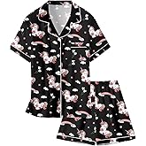 Schbbbta Girls Womens Silk Pajamas, 2 Pcs Satin Pjs Set Button Down Soft Short Sleeve Sleepwear