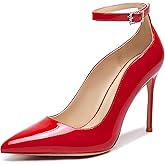 YSOHPM Women's Closed Pointed Toe High Heels Pumps Ankle Strap 4IN Stiletto Heels Classic Office Dress Wedding Shoes
