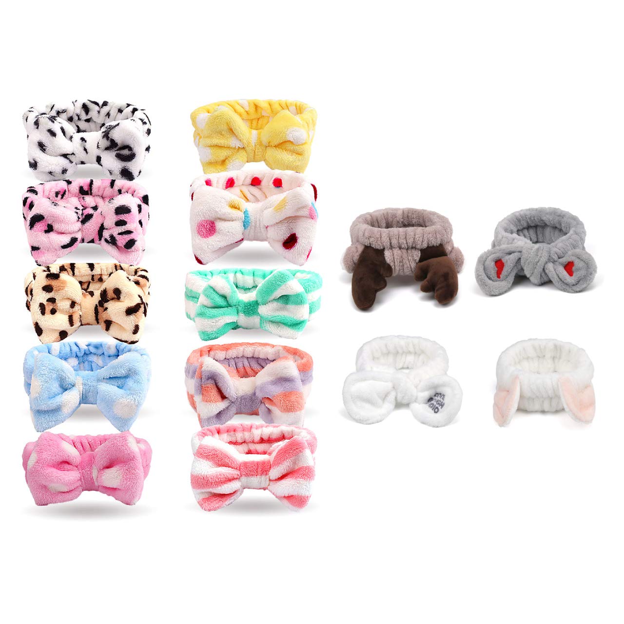 10 Pack Bow Hair Band and 4 Pack Microfiber Spa Headband Bundle