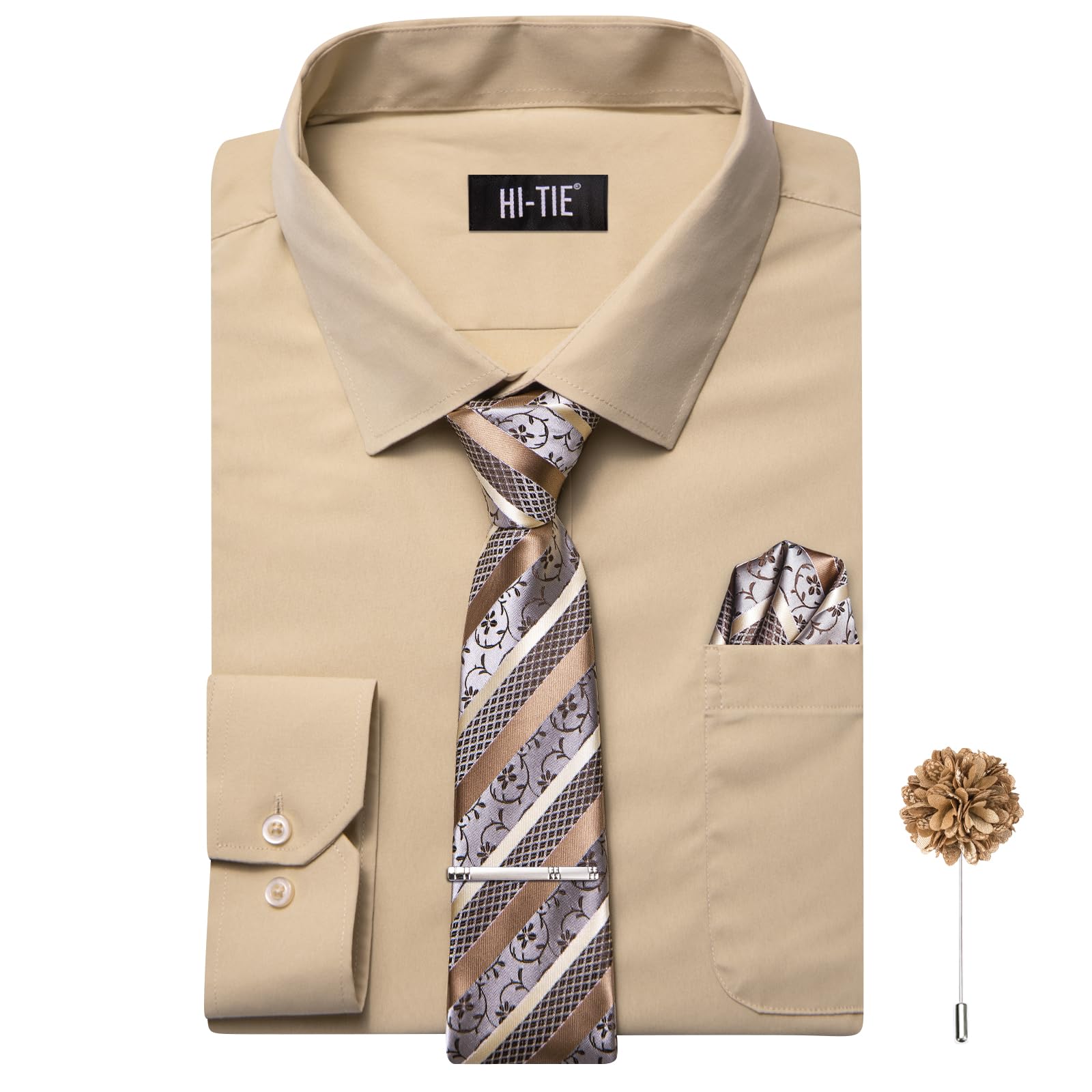 Photo 1 of Hi-Tie Ivory Dress Shirt and Tie Hanky Lapel Pin Set Long Sleeve Button Down Wrinkle Free Casual Formal Casual Shirts