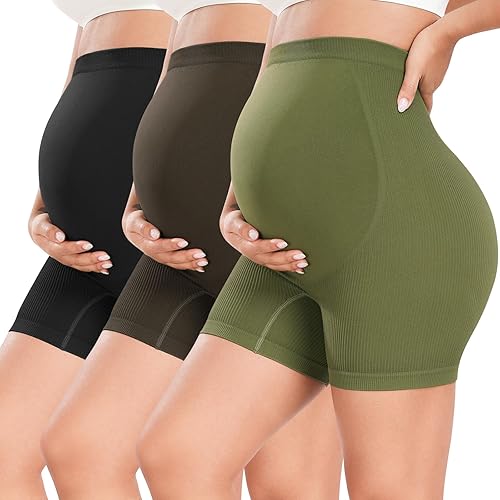 URUWASHI Ribbed Maternity Shorts Over The Belly Seamless 5" Pregnancy Workout Athletic Biker Shorts for Women (UR079L-3B/C/G)