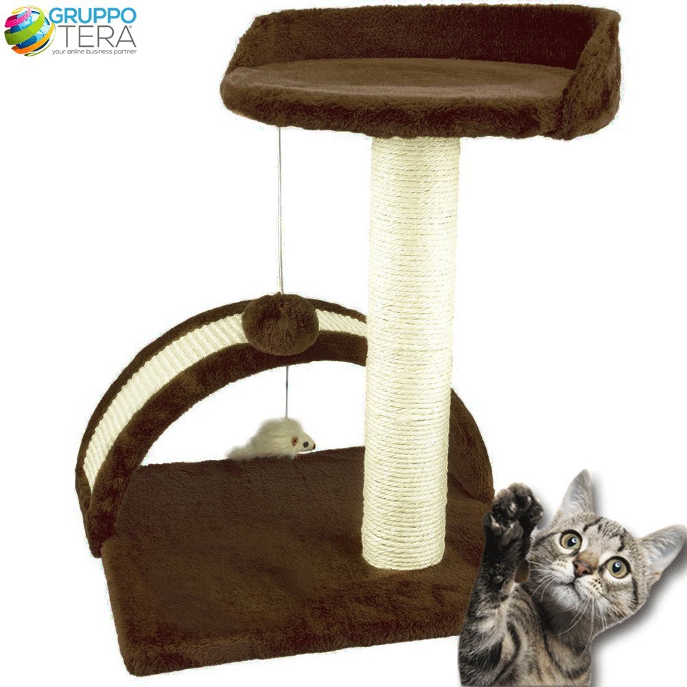 Bakaji Árbol para gatos marrón graffiatoio de Velboa suave con poste Sisal