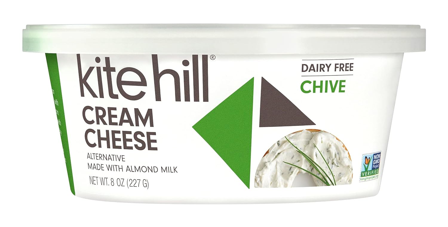 Here is what the Kite Hill Chive cream cheese made from almond milk looks like.